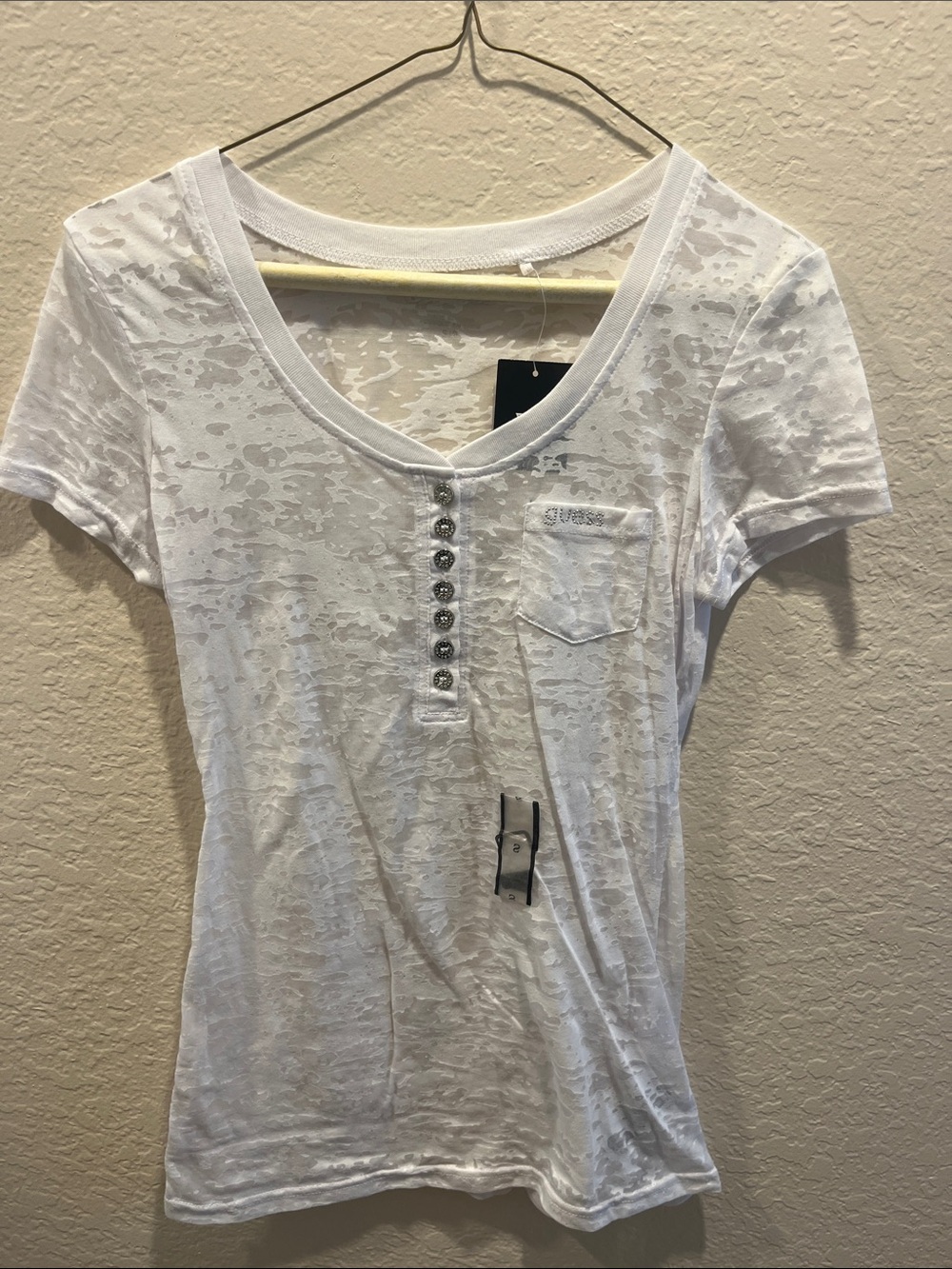Guess White Sheer Burnout Short Sleeve Henley Tee with Pocket